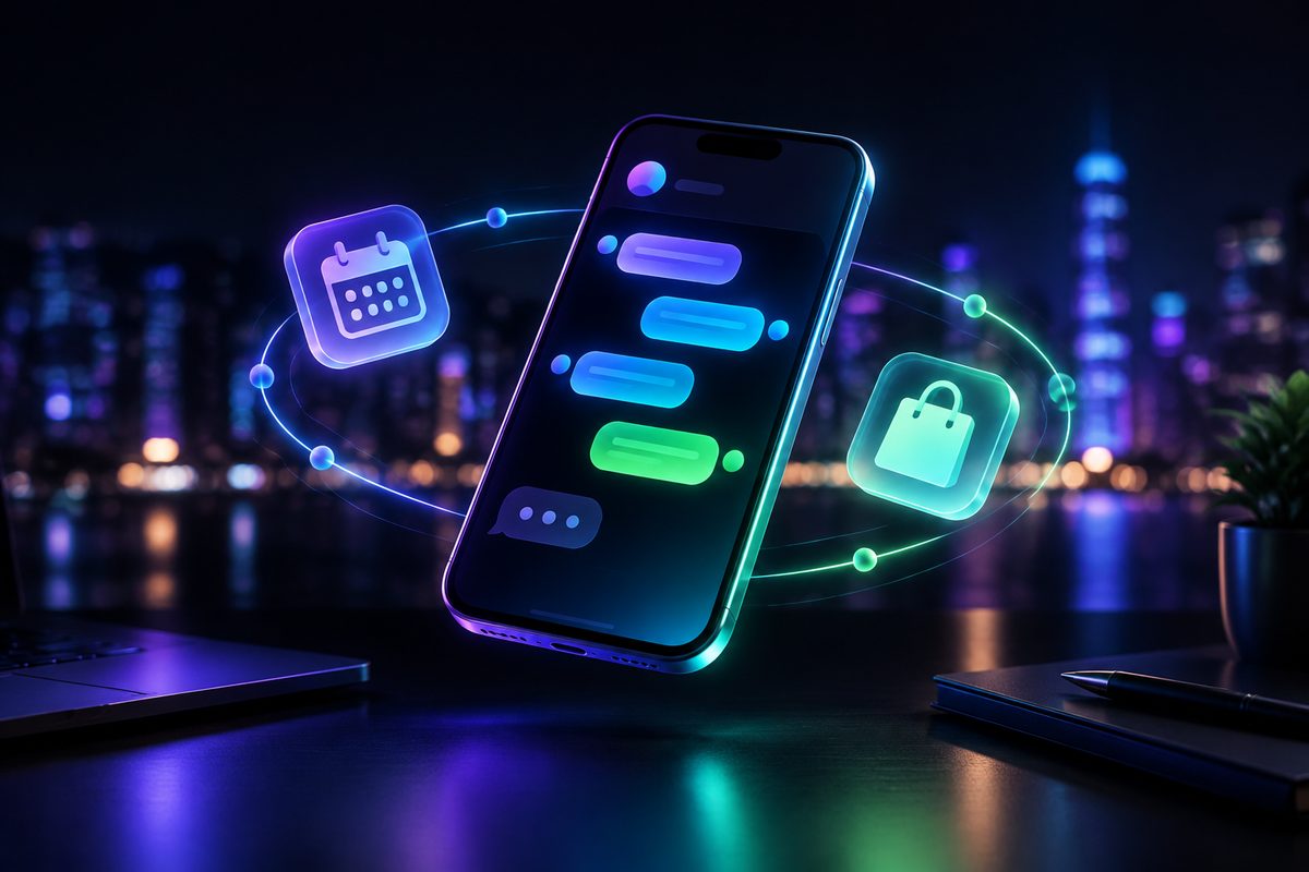 Смартфон с перепиской в мессенджере, вокруг — значки календаря и покупок на фоне ночного города