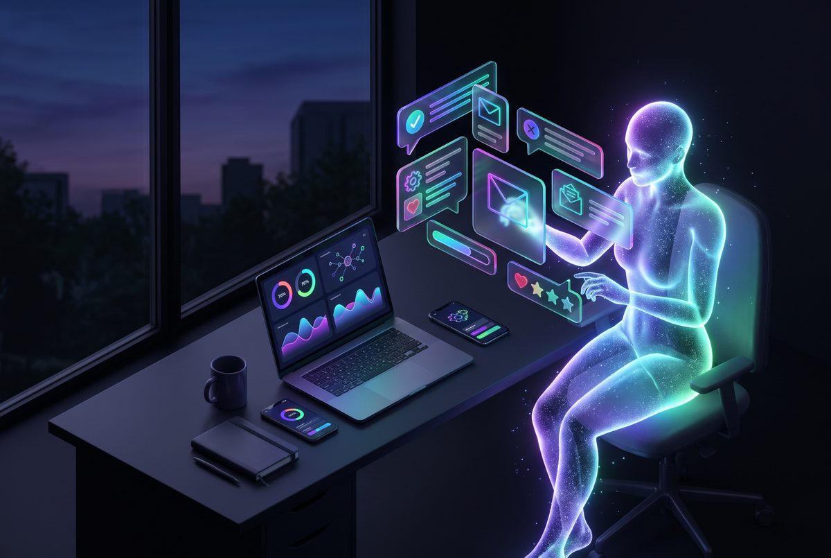 Ноутбук и телефон владельца бизнеса, рядом светящийся ИИ-помощник разбирает сообщения и задачи